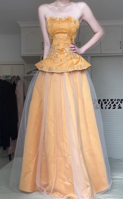 Golden Strapless Evening Gown, Gold Embroidery Beaded Peplum Satin Tulle Floor‑Length Prom Dress gh9057