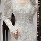 Ivory Vintage Satin Wedding Gown, V‑Neck Puff Long Sleeves, All‑Over Lace Appliqués Fitted Mermaid Silhouette, Lace Hem, Long Satin Train, Bridal Prom Dress gh8736