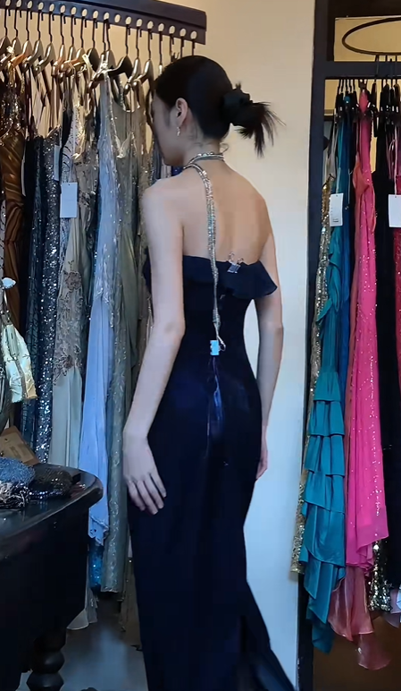 Navy Blue Strapless Tube Satin Formal Gown Ruffle Neck Fitted Long Evening Prom Dress gh9684