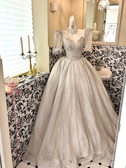 Light Grey Square Neck Voluminous Princess Skirt Long Romantic Dress, Wedding Gown gh7771