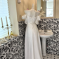 White Spaghetti Strap Off-the-Shoulder Waist-Cinched Elegant Vintage Romantic Dress, Wedding Gown gh7582
