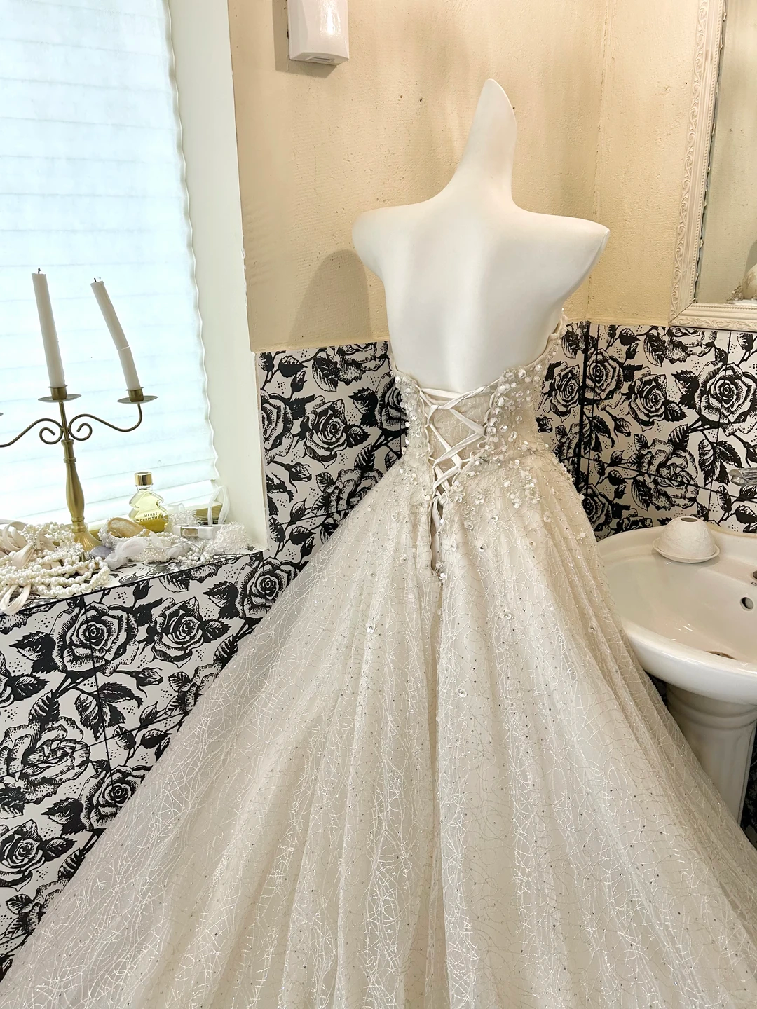 Ivory Strapless Rhinestone Cinched Waist Full Flared Skirt Long Romantic Dress, Wedding Gown gh7812