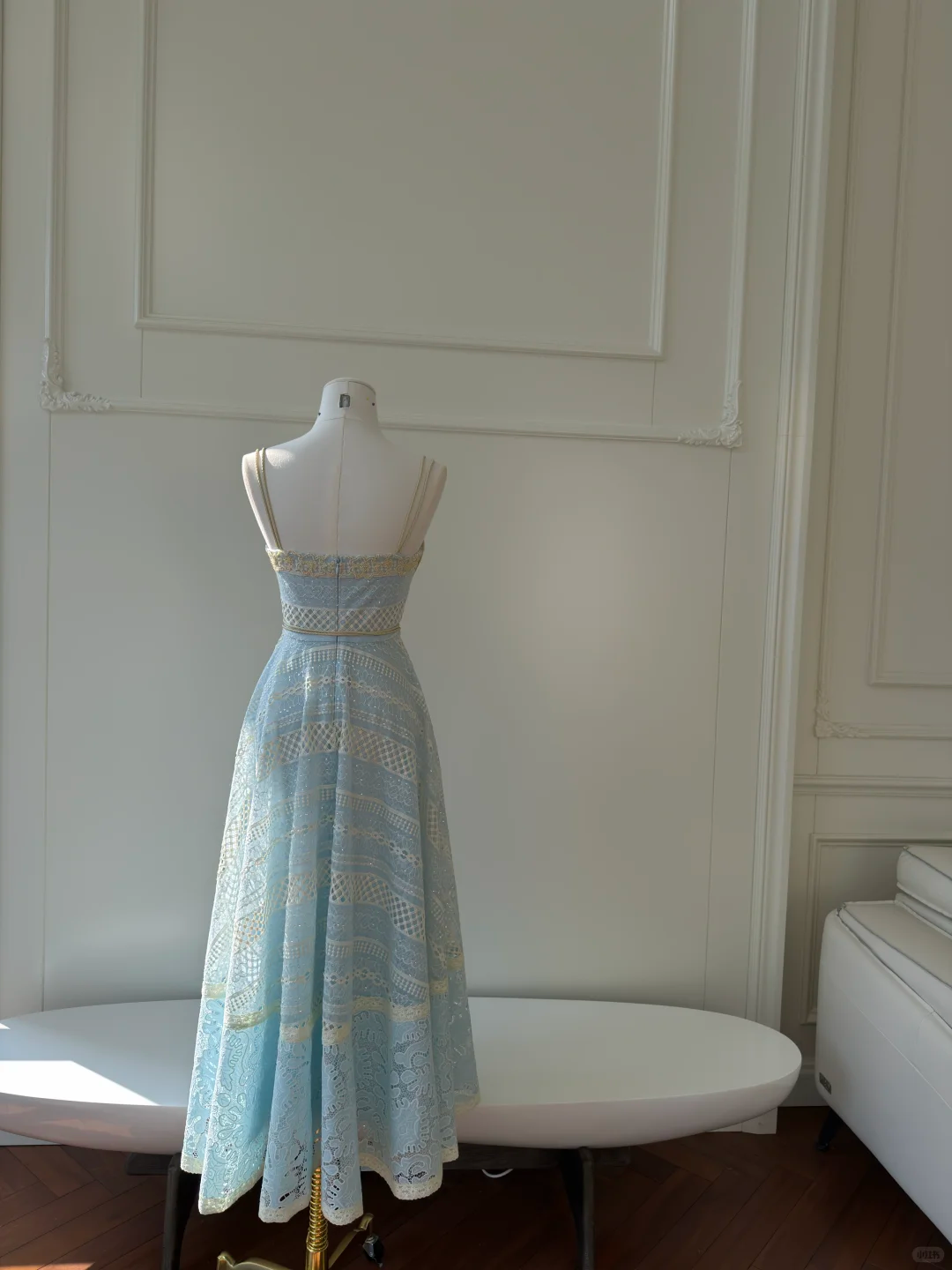 Light Lake Blue Spaghetti Strap Vintage Gown, Square Neck Lace Trim, Glitter Cut‑Out Mixed Lace Fabric, Gold Ribbon Crisscross Tie Waist, A‑Line Midi Full Skirt, Party Prom Dress gh8919
