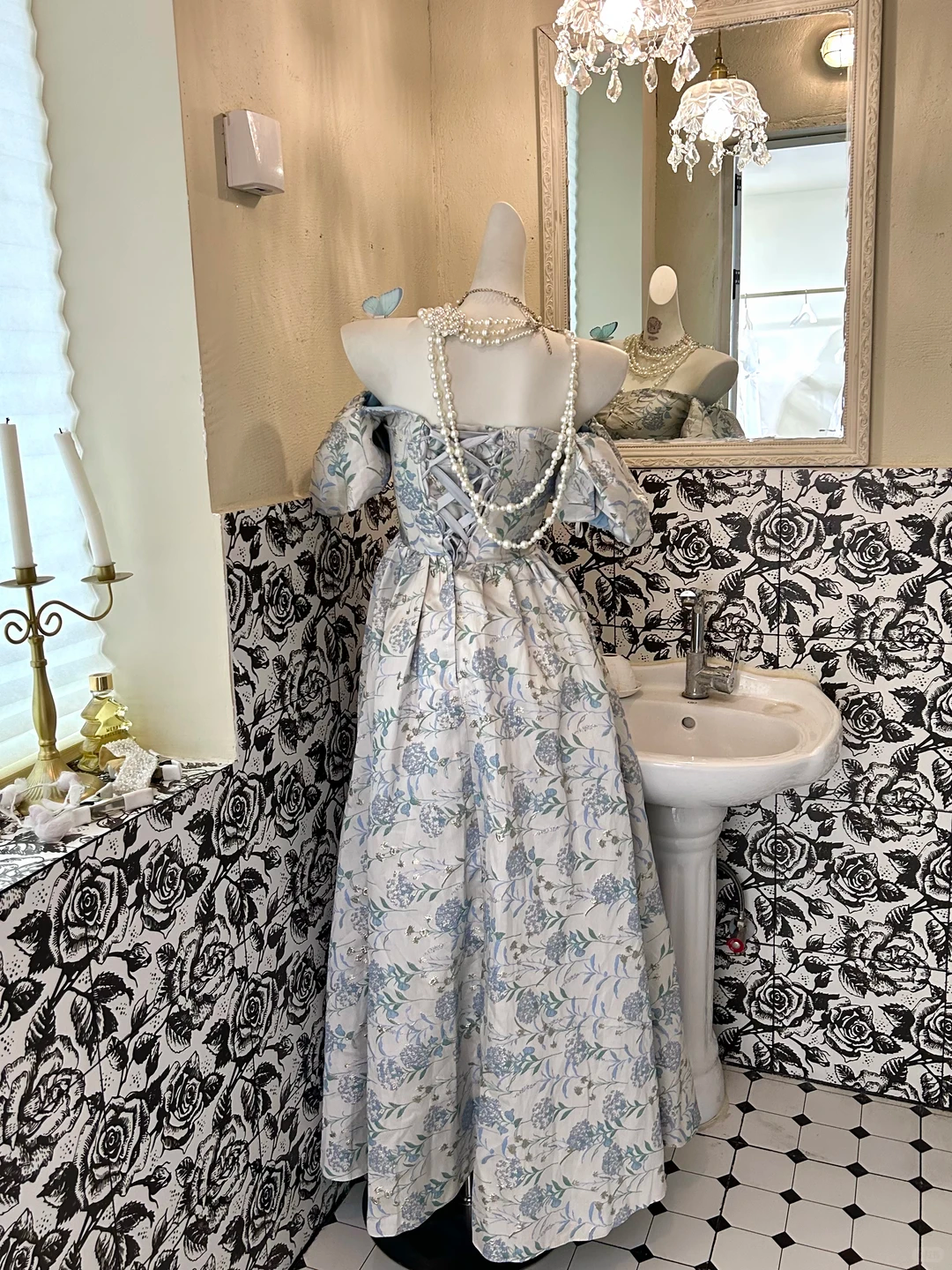 Blue Printed Off-the-Shoulder Waist-Cinched Elegant Vintage Romantic Dress, Wedding Gown gh7584