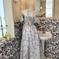 Blue Printed Off-the-Shoulder Waist-Cinched Minimalist Elegant Vintage Romantic Dress gh7593