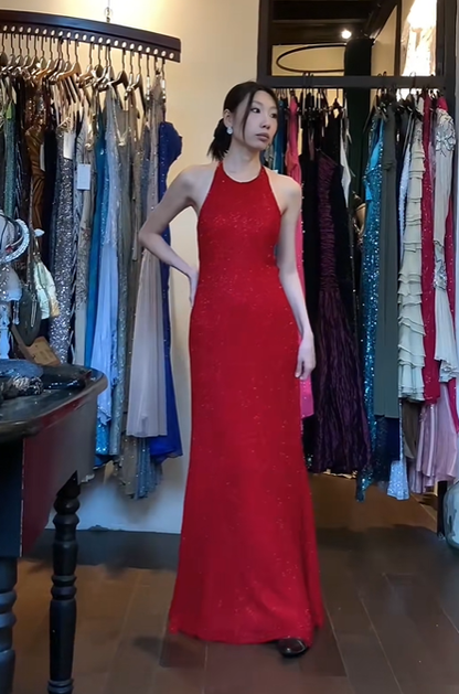 Bright Red Halter Long Formal Gown Allover Sequin Mermaid Evening Dress gh9672