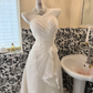 White Strapless Cinched Waist A-Line Skirt Long Romantic Dress, Wedding Gown gh7802