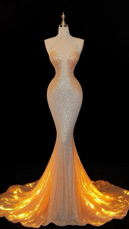 ✨Girlhomeshops-Champagne Gold Sparkly Halter Mermaid Prom Dress With Train gh10176