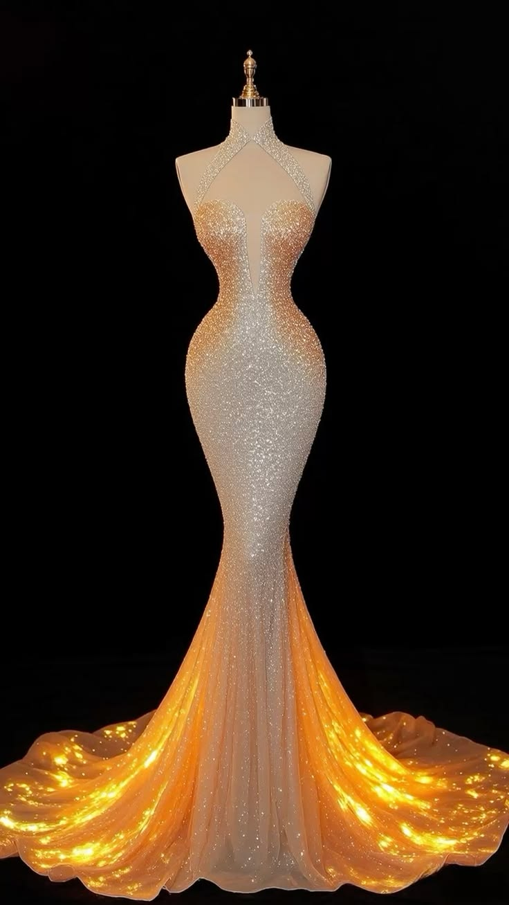 ✨Girlhomeshops-Champagne Gold Sparkly Halter Mermaid Prom Dress With Train gh10176