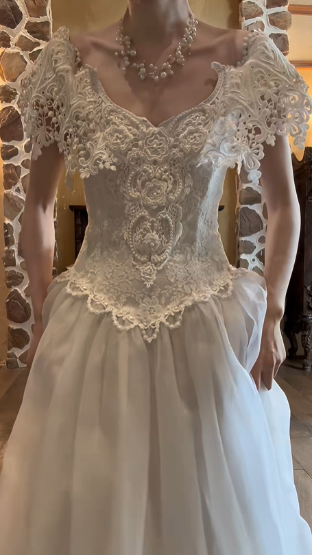 Ivory White Vintage Wedding Gown, Off‑the‑Shoulder 3D Floral Neckline Spaghetti Strap Fitted Pointed Bodice Satin A‑Line Bridal Dress gh9077