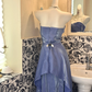 Slate Blue Strapless Waist-Cinched Fitted Asymmetrical Skirt Vintage Romantic Dress gh7508