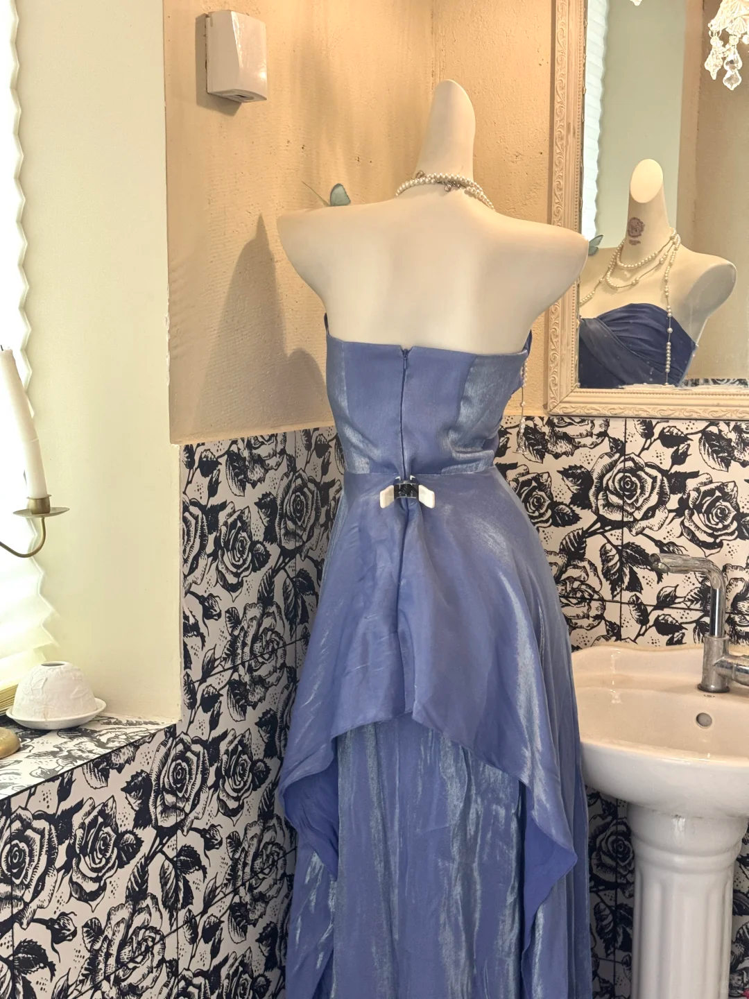 Slate Blue Strapless Waist-Cinched Fitted Asymmetrical Skirt Vintage Romantic Dress gh7508