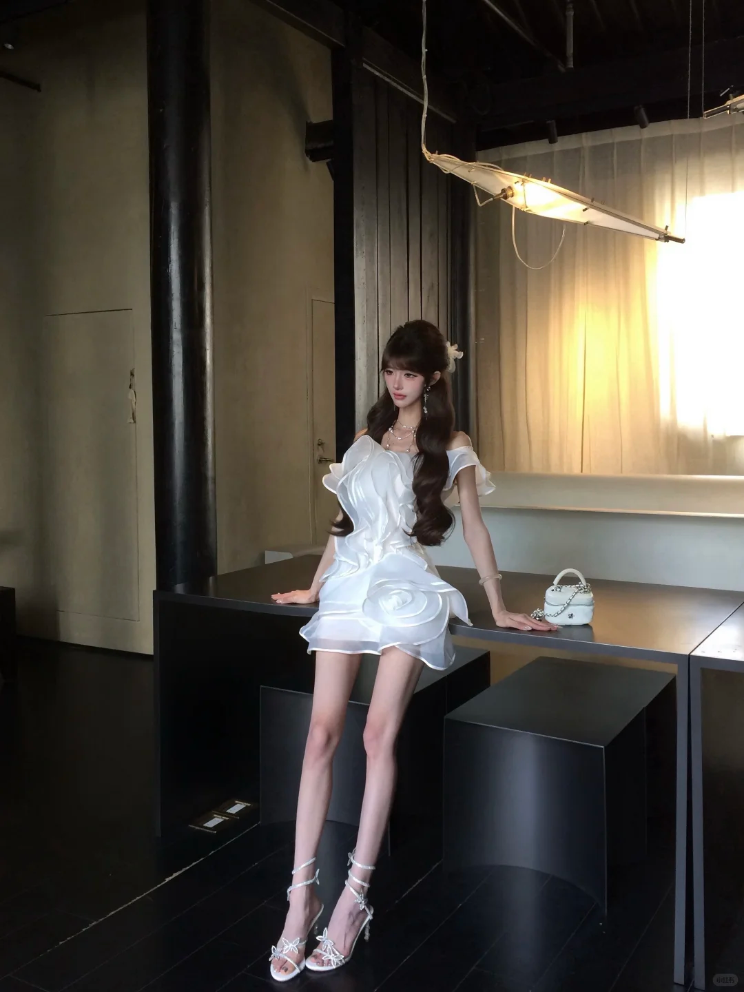 Women Romantic White Off Shoulder Homecoming Dress 3D Rose Ruffled Flowy Short Party Dress gh9417