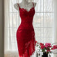 Red Fashion Elegant Delicate Floral Beaded Spaghetti Strap Midi Ruffle Mermaid Slim Fit Lace Chiffon Ball Gown Birthday Party Dress Evening Gown Prom Dress gh3977