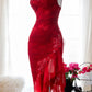 Red Fashion Elegant Delicate Floral Beaded Spaghetti Strap Midi Ruffle Mermaid Slim Fit Lace Chiffon Ball Gown Birthday Party Dress Evening Gown Prom Dress gh3977