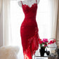 Red Fashion Elegant Delicate Floral Beaded Spaghetti Strap Midi Ruffle Mermaid Slim Fit Lace Chiffon Ball Gown Birthday Party Dress Evening Gown Prom Dress gh3977