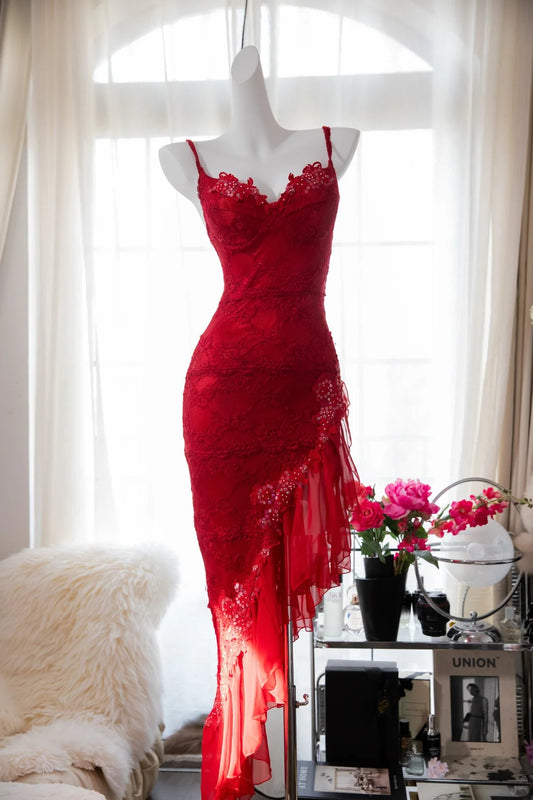 Rot, modisch, elegant, zart, floral, Perlen, Spaghettiträger, Midi-Rüschen, Meerjungfrau, schmale Passform, Spitze, Chiffon, Ballkleid, Geburtstagsparty, Abendkleid, Abschlussballkleid gh3977
