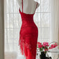Red Fashion Elegant Delicate Floral Beaded Spaghetti Strap Midi Ruffle Mermaid Slim Fit Lace Chiffon Ball Gown Birthday Party Dress Evening Gown Prom Dress gh3977