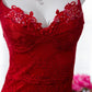 Red Fashion Elegant Delicate Floral Beaded Spaghetti Strap Midi Ruffle Mermaid Slim Fit Lace Chiffon Ball Gown Birthday Party Dress Evening Gown Prom Dress gh3977