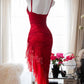 Red Fashion Elegant Delicate Floral Beaded Spaghetti Strap Midi Ruffle Mermaid Slim Fit Lace Chiffon Ball Gown Birthday Party Dress Evening Gown Prom Dress gh3977