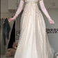 Cream Apricot Square Neck Puff Sleeve Empire Waist Long Gown, Mesh Panel Neckline, Pearl Chain Ornament, Flowy Chiffon Maxi Skirt, Vintage Prom Party Dress gh8924