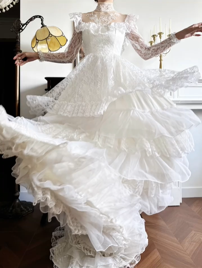 Ivory Vintage High‑Neck Lace‑Sleeve Tiered‑Ruffle Cake‑Skirt Long Train Ballgown Wedding Dress gh8786