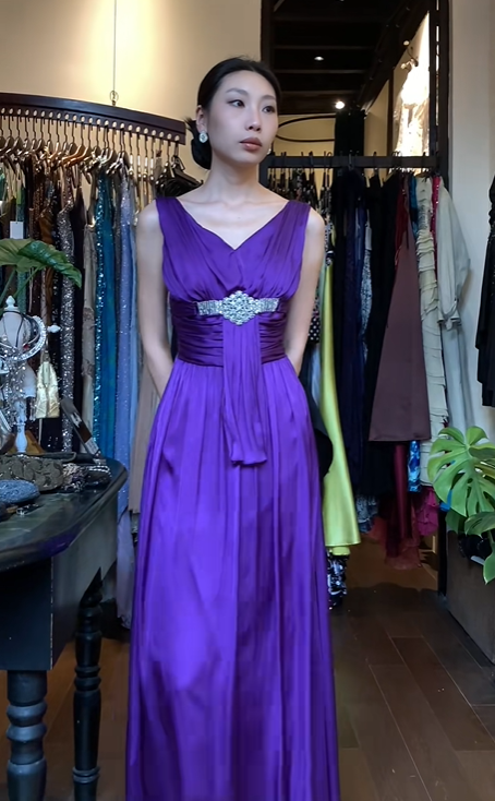 Purple Sleeveless V Neck Long Formal Gown Rhinestone Waist Satin A-Line Evening Dress gh9663
