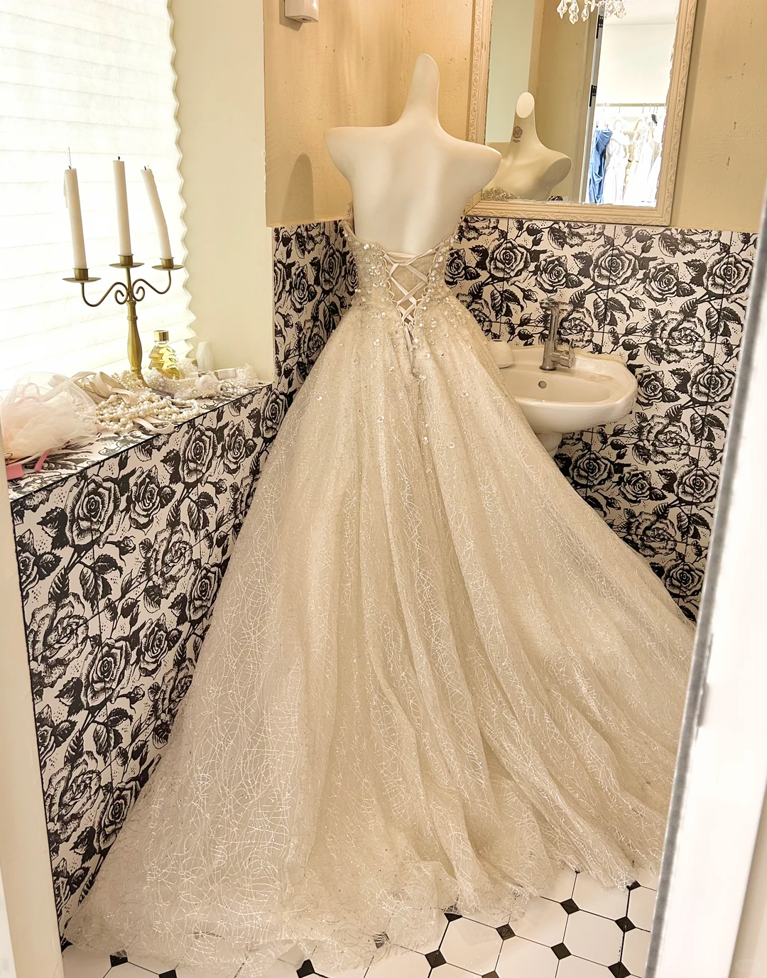Ivory Strapless Rhinestone Cinched Waist Full Flared Skirt Long Romantic Dress, Wedding Gown gh7812