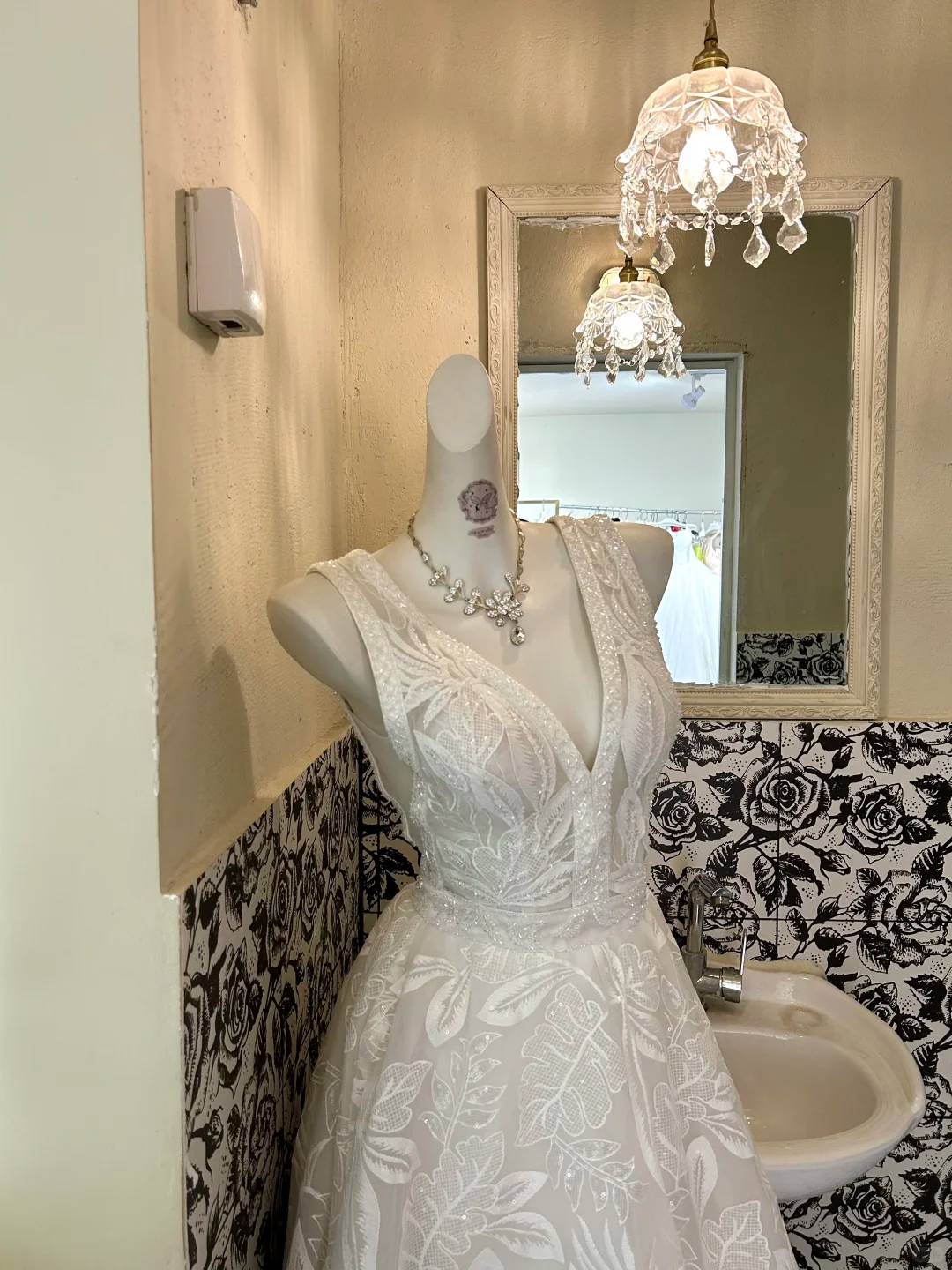Ivory V-Neck Waist-Cinched Fitted Printed Full Flared Premium Vintage Romantic Dress, Wedding Gown gh7575