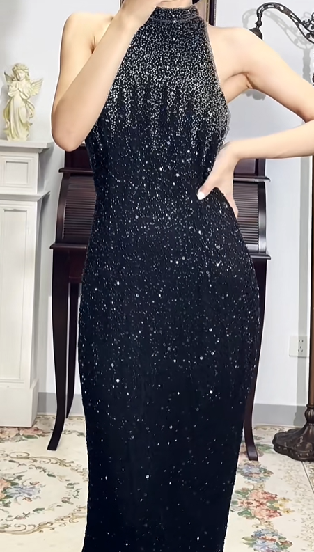 Black‑Vintage‑Evening‑Gown Halter‑High‑Neck Cutaway‑Shoulder All‑Over‑Hand‑Beaded‑Sequins Bodycon‑Column Floor‑Length Prom Dress gh8821