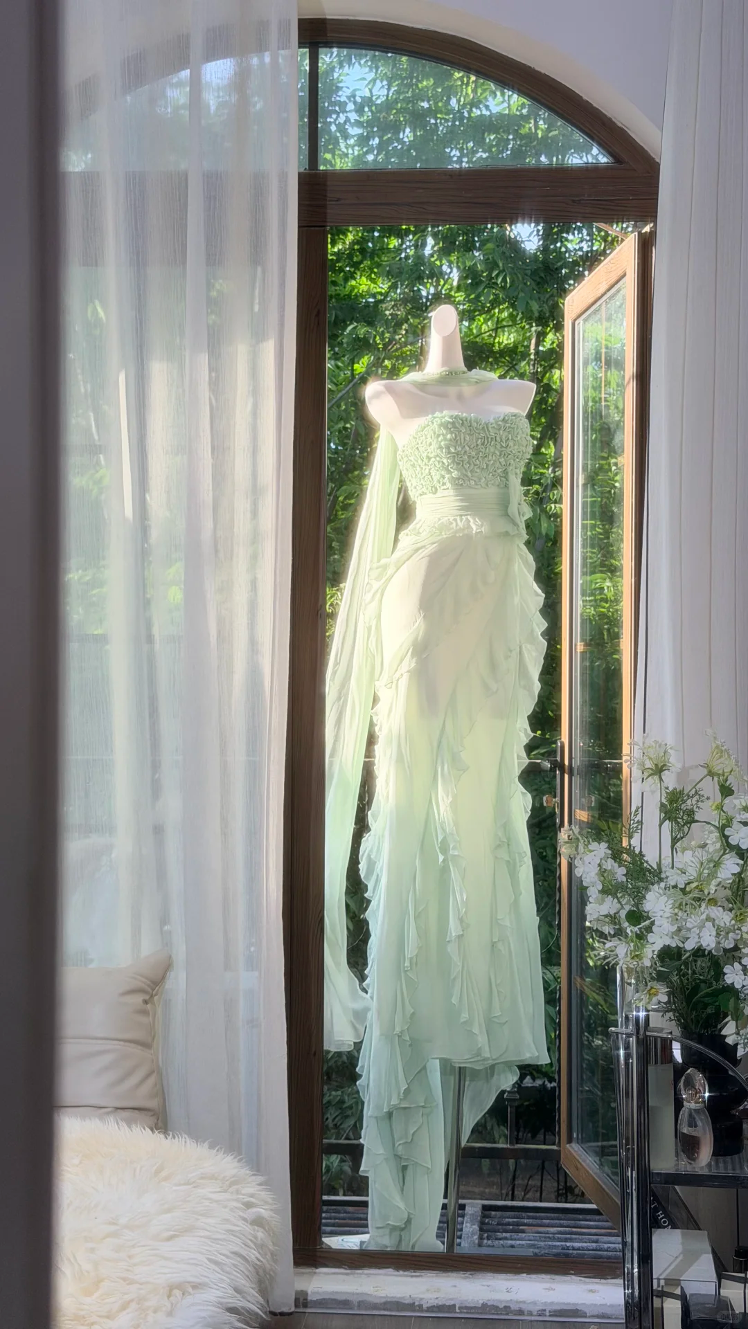 Light Mint Green Strapless 3D Floral Ruffled Mermaid Evening Dress with Matching Flowing Sash, Prom Gown gh9515
