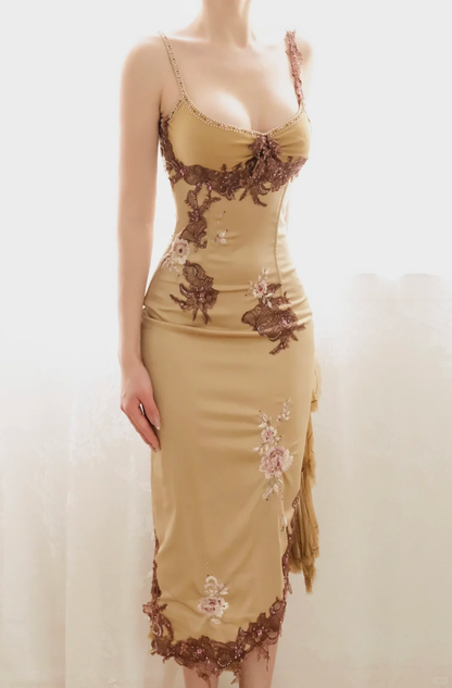 Women Camel Vintage Midi Bodycon Cocktail Dress Spaghetti Straps Sweetheart Neck Lace Applique Floral Embroidery Beaded Satin Evening Gown gh9581