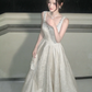 White Spaghetti Straps Waist-Cinched Elegant Full Skirt Evening Dress, Fairy Gown, Romantic Gown gh7376
