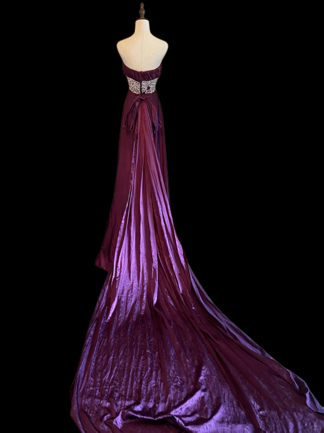 Deep Purple Strapless Long Evening Gown, Ruched Bust, Full Rhinestone Beaded Waistband, Single Draped Long Sash, Floor‑Length Train, Formal Prom Host Dress gh8910