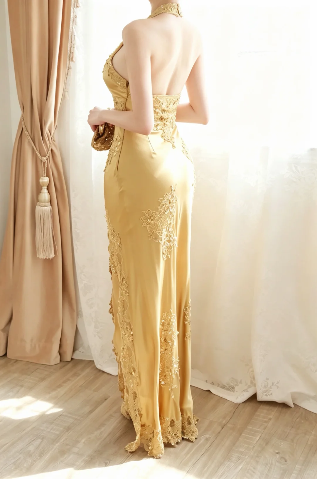 Women Gold Satin Long Evening Gown Halter Deep V Neck Lace & Sequin Appliques High Side Slit Mermaid Formal Dress gh9569