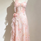 Light Pink Floral Spaghetti Straps Waist-Cinched Fitted Long Evening Dress, Fairy Gown, Romantic Gown gh7433