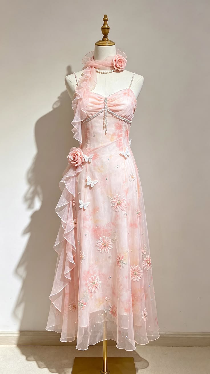 Light Pink Floral Spaghetti Straps Waist-Cinched Fitted Long Evening Dress, Fairy Gown, Romantic Gown gh7433