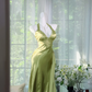 Olive Green Satin Halter Midi Prom Dress, Deep V Neck Ruched Waist Irregular Flowy Hem Evening Gown, Vintage Wedding Guest Dress with Side Sash gh9488