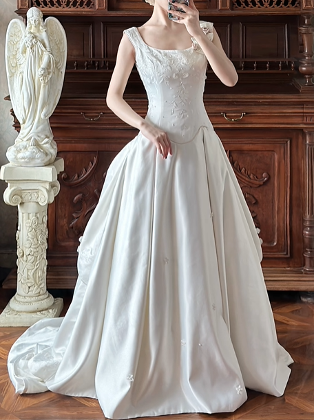 Ivory Satin Vintage Square Neck Sleeveless Ball Gown, 3D Floral Shoulder Detail, Floral Embroidery Beaded Fitted Waist, Long Train Wedding Prom Dress gh8631