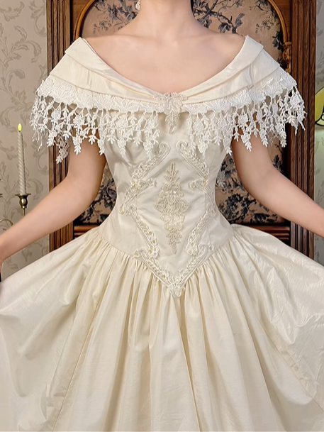 Off‑White Vintage Palace‑Style Neckline Fitted Waist Embroidered Full Flared Skirt Long Prom Gown, Wedding Dress gh8599