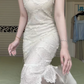 New Chinese Style Cheongsam Long Evening Gown, Ivory Scallop Lace Mermaid Qipao Dress Cold‑Shoulder Tassel Beaded Strap for Banquet Engagement gh8951