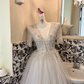 Ivory V-Neck Silver Sequin Waist-Cinched Fitted Elegant Sexy Full Flared Romantic Dress, Wedding Gown gh7533