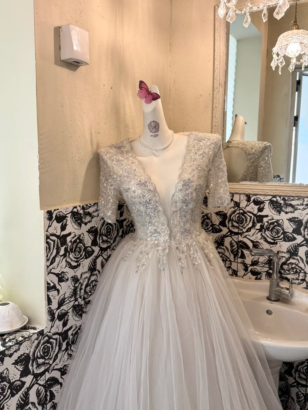 Ivory V-Neck Silver Sequin Waist-Cinched Fitted Elegant Sexy Full Flared Romantic Dress, Wedding Gown gh7533