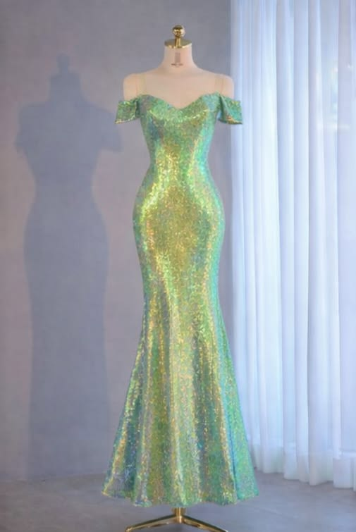 Light Green Sequined Off Shoulder Waist-Cinched Bodycon Sexy Evening Dress, Fairy Gown, Romantic Gown gh7456