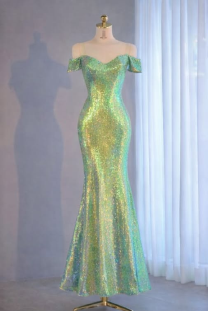 Light Green Sequined Off Shoulder Waist-Cinched Bodycon Sexy Evening Dress, Fairy Gown, Romantic Gown gh7456
