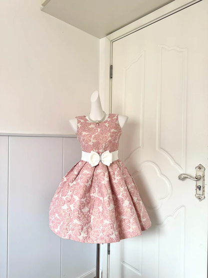 Women Pink Homecoming Dress, Sleeveless Round Neck Vintage Large Floral Jacquard Fabric Contrast White Satin Bow Waist Sash High Waist Pleated Voluminous A‑Line Mini Party Dress gh9219