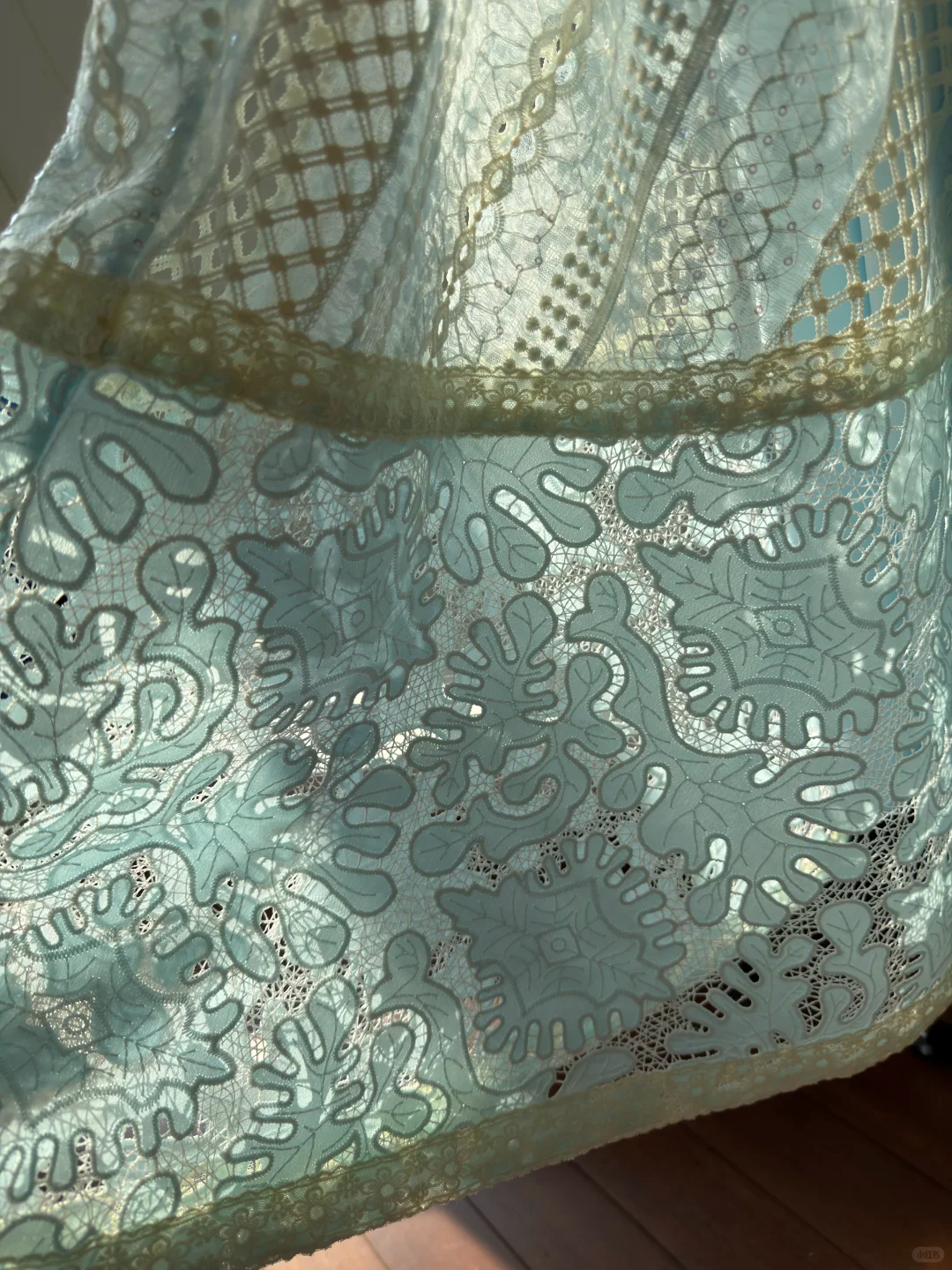 Light Lake Blue Spaghetti Strap Vintage Gown, Square Neck Lace Trim, Glitter Cut‑Out Mixed Lace Fabric, Gold Ribbon Crisscross Tie Waist, A‑Line Midi Full Skirt, Party Prom Dress gh8919