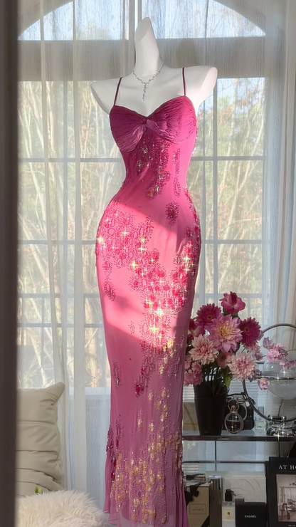 Magenta Gradient Spaghetti Straps Sequined Waist-Cinched Bodycon Sexy Evening Dress, Fairy Gown, Romantic Gown gh7451