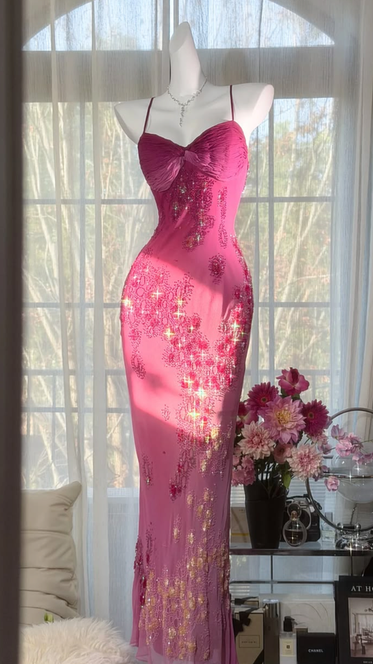 Magenta Gradient Spaghetti Straps Sequined Waist-Cinched Bodycon Sexy Evening Dress, Fairy Gown, Romantic Gown gh7451