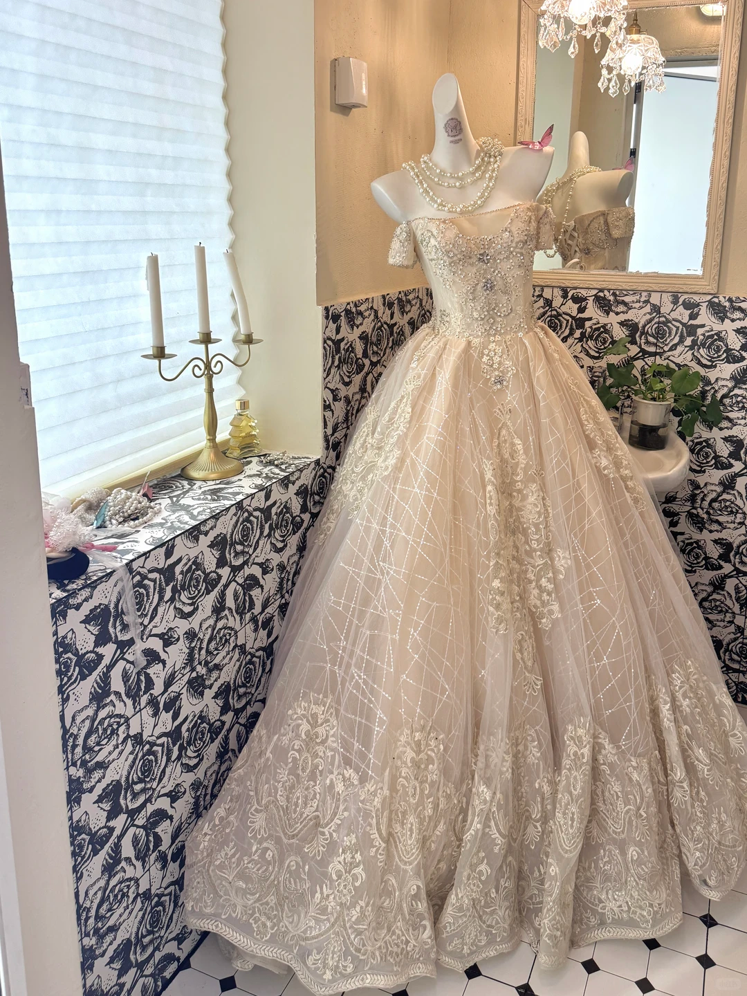 Light Apricot Off-the-Shoulder Waist-Cinched Full Flared Long Luxury Romantic Dress, Wedding Gown gh7672